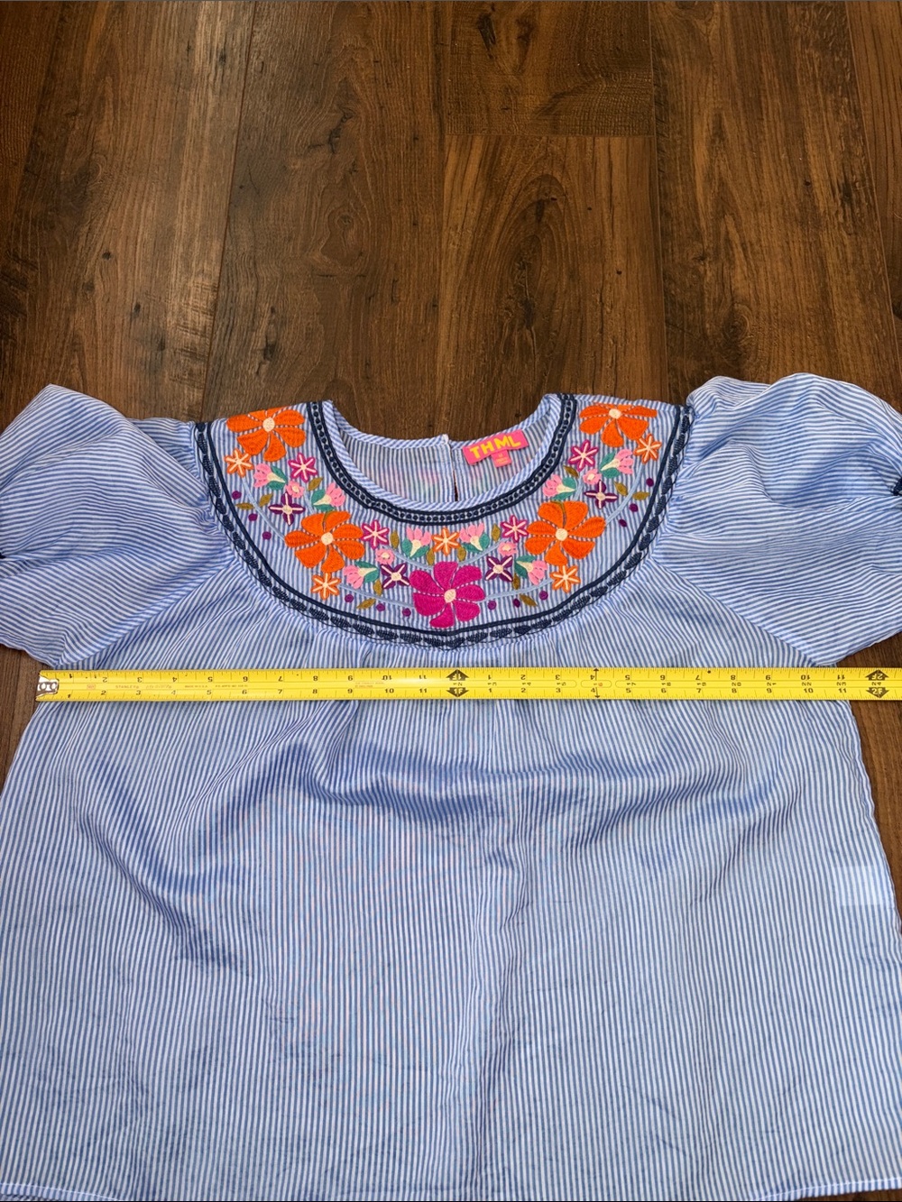 NWOT THML Light Blue Striped Puff-Sleeve Top with Floral Embroidery - Picture 5 of 9